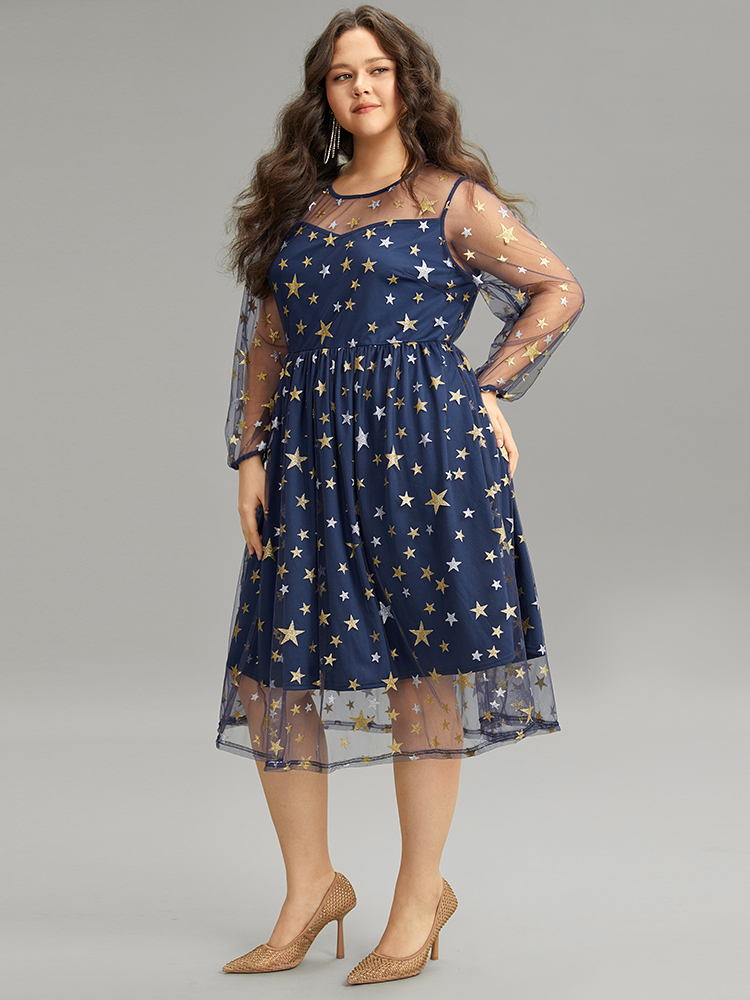 Plus Size Glitter Star Mesh Crew Neck Dress DarkBlue Women Cocktail Elastic cuffs Round Neck Long Sleeve Curvy Midi Dress BloomChic 14-16/1X 