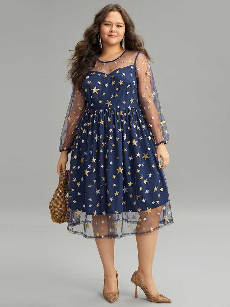 Plus Size Glitter Star Mesh Crew Neck Dress DarkBlue Women Cocktail Elastic cuffs Round Neck Long Sleeve Curvy Midi Dress BloomChic 14-16/1X 