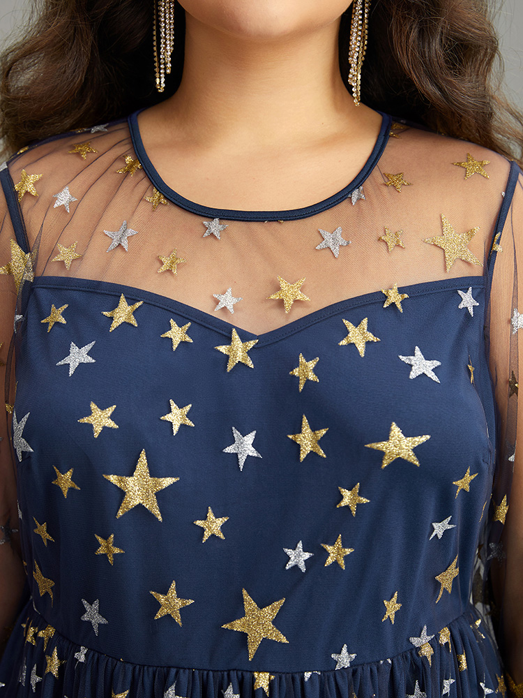 Plus Size Glitter Star Mesh Crew Neck Dress DarkBlue Women Cocktail Elastic cuffs Round Neck Long Sleeve Curvy Midi Dress BloomChic 14-16/1X 