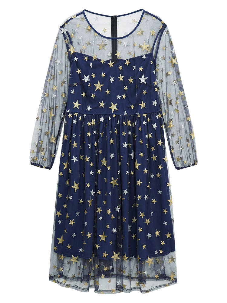 Plus Size Glitter Star Mesh Crew Neck Dress DarkBlue Women Cocktail Elastic cuffs Round Neck Long Sleeve Curvy Midi Dress BloomChic 14-16/1X 