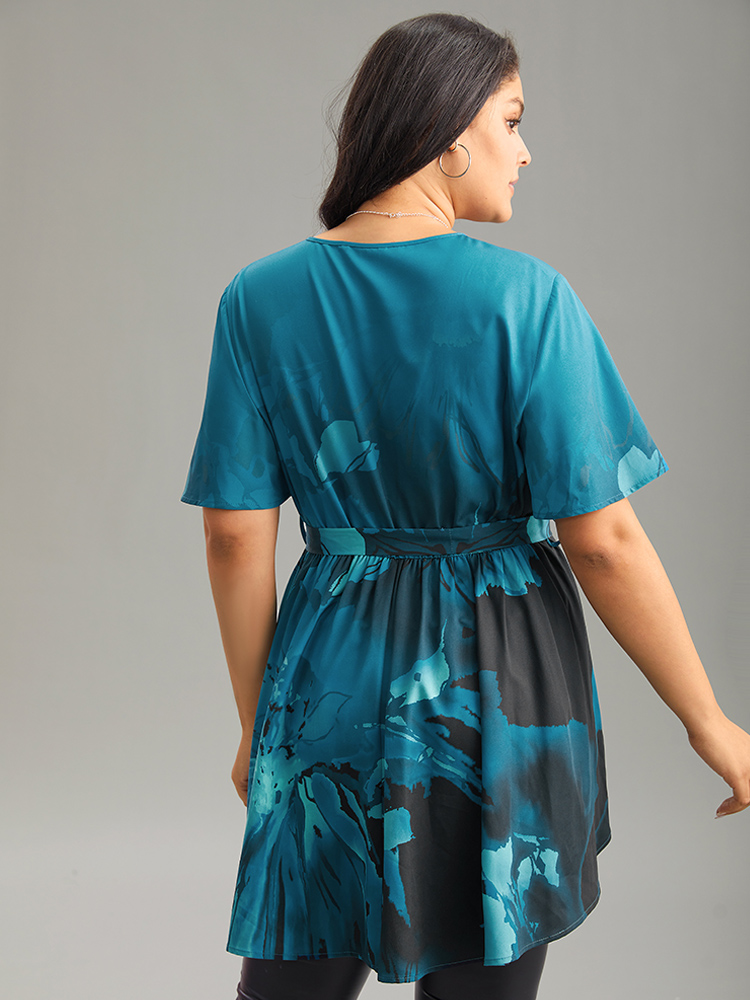 Plus Size Aegean Boho Print Wrap Ruffle Sleeve Blouse Women Elegant Short sleeve V-neck Dailywear Blouses BloomChic 22-24/3X 
