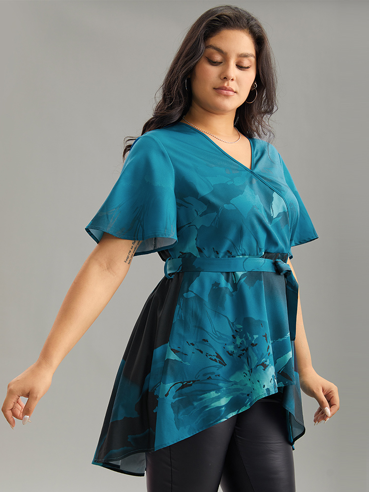Plus Size Aegean Boho Print Wrap Ruffle Sleeve Blouse Women Elegant Short sleeve V-neck Dailywear Blouses BloomChic 22-24/3X 