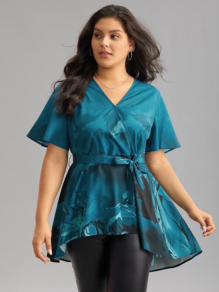 Plus Size Aegean Boho Print Wrap Ruffle Sleeve Blouse Women Elegant Short sleeve V-neck Dailywear Blouses BloomChic 22-24/3X 