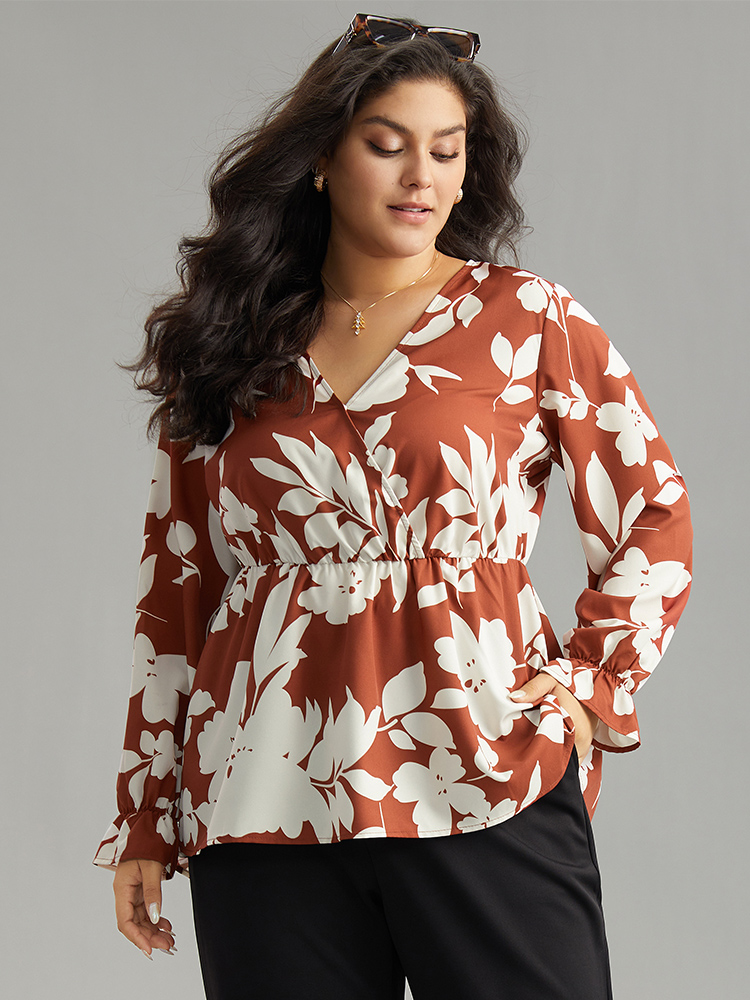 

Plus Size Chocolate Silhouette Floral Print Elastic Waist Blouse Women Elegant Long Sleeve V-neck Dailywear Blouses BloomChic