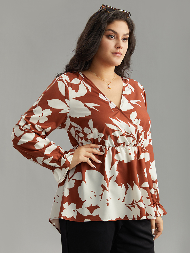 

Plus Size Chocolate Silhouette Floral Print Elastic Waist Blouse Women Elegant Long Sleeve V-neck Dailywear Blouses BloomChic