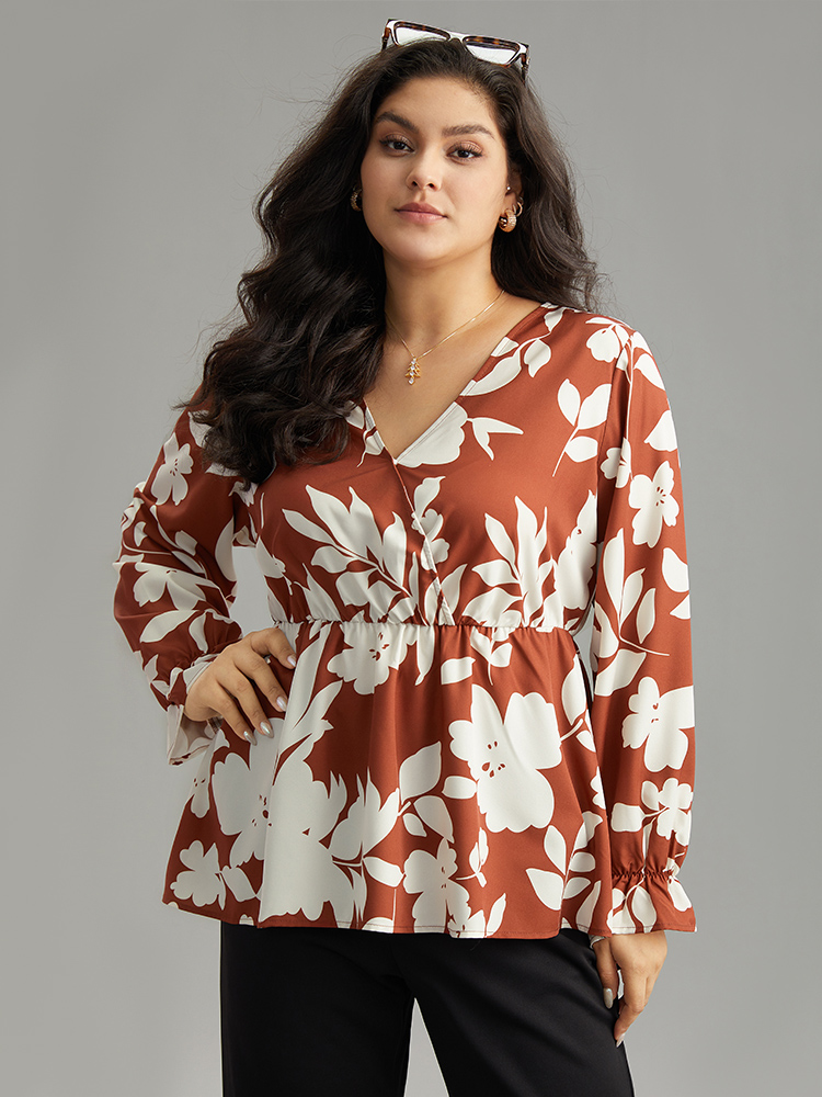 

Plus Size Chocolate Silhouette Floral Print Elastic Waist Blouse Women Elegant Long Sleeve V-neck Dailywear Blouses BloomChic