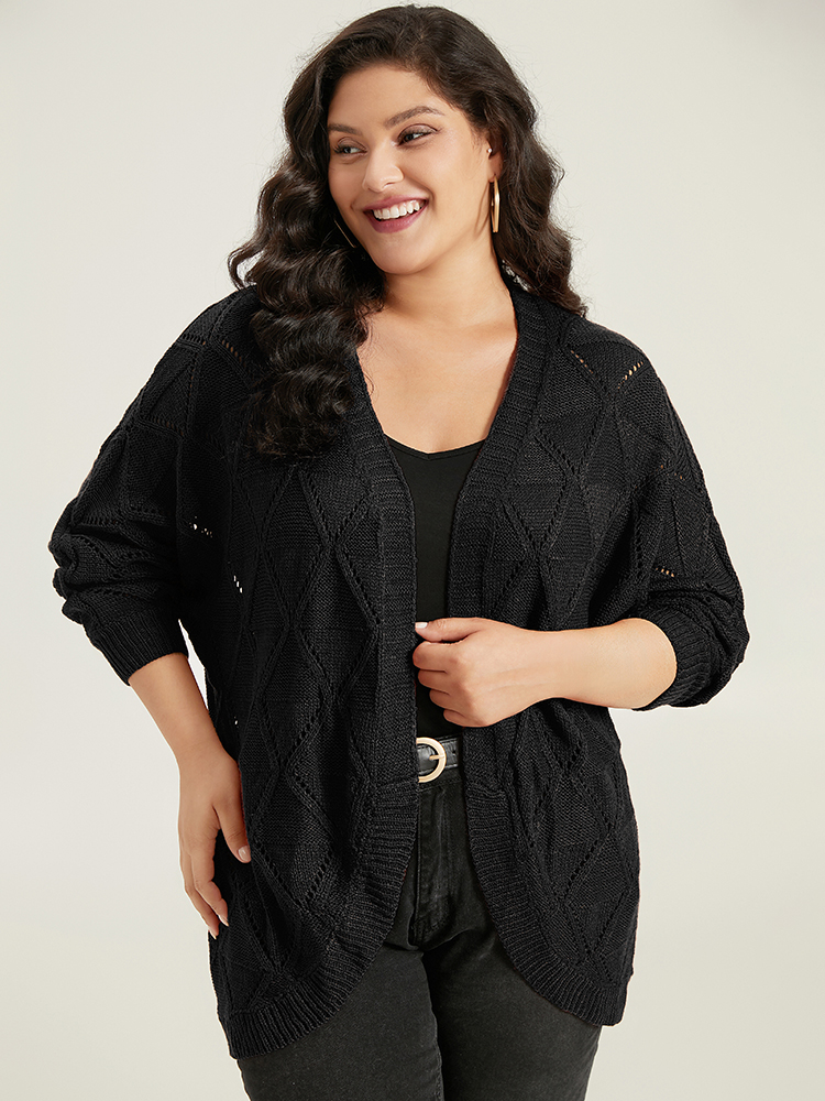 Plus Size Geometric Hollow Out Open Front Cardigan Black Women Casual Loose Long Sleeve Dailywear Cardigans BloomChic 10/M 