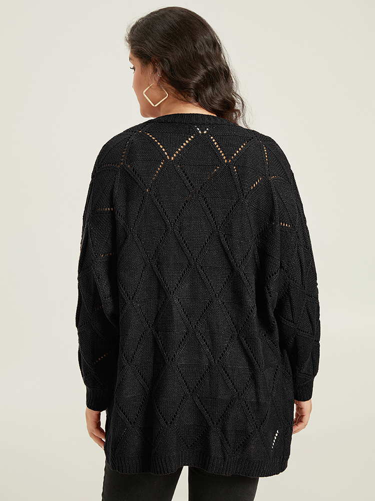Plus Size Geometric Hollow Out Open Front Cardigan Black Women Casual Loose Long Sleeve Dailywear Cardigans BloomChic 10/M 