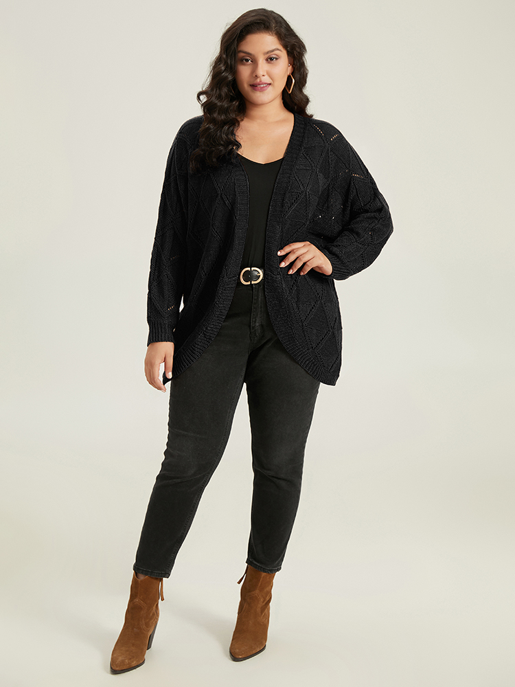Plus Size Geometric Hollow Out Open Front Cardigan Black Women Casual Loose Long Sleeve Dailywear Cardigans BloomChic 10/M 