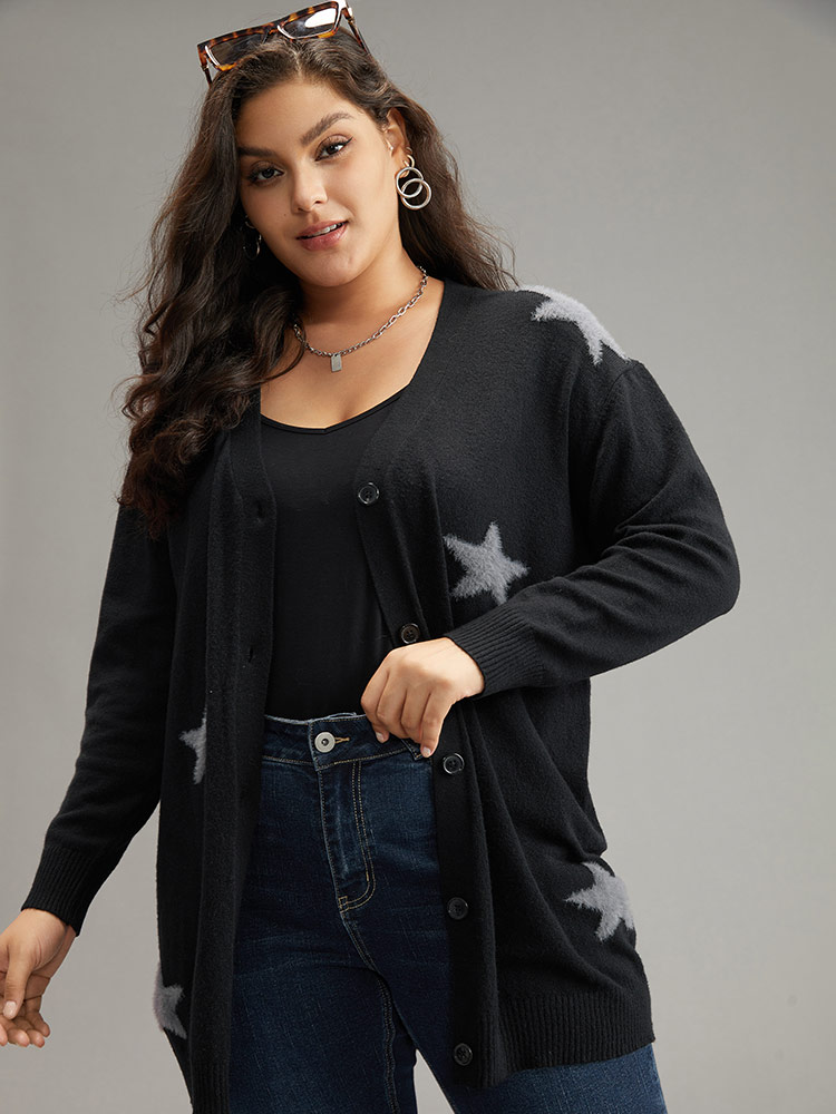 

Plus Size Supersoft Essentials Star Button Through Cardigan Black Women Casual Loose Long Sleeve Dailywear Cardigans BloomChic