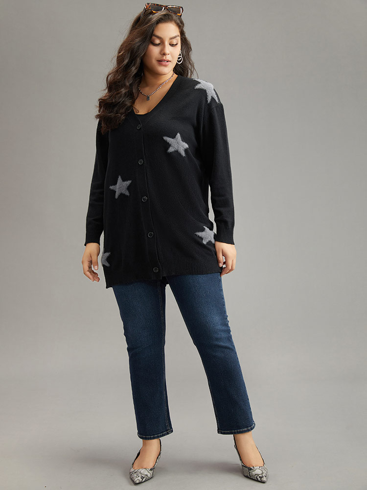 Plus Size Supersoft Essentials Star Button Through Cardigan Black Women Casual Loose Long Sleeve Dailywear Cardigans BloomChic 14-16/1X 