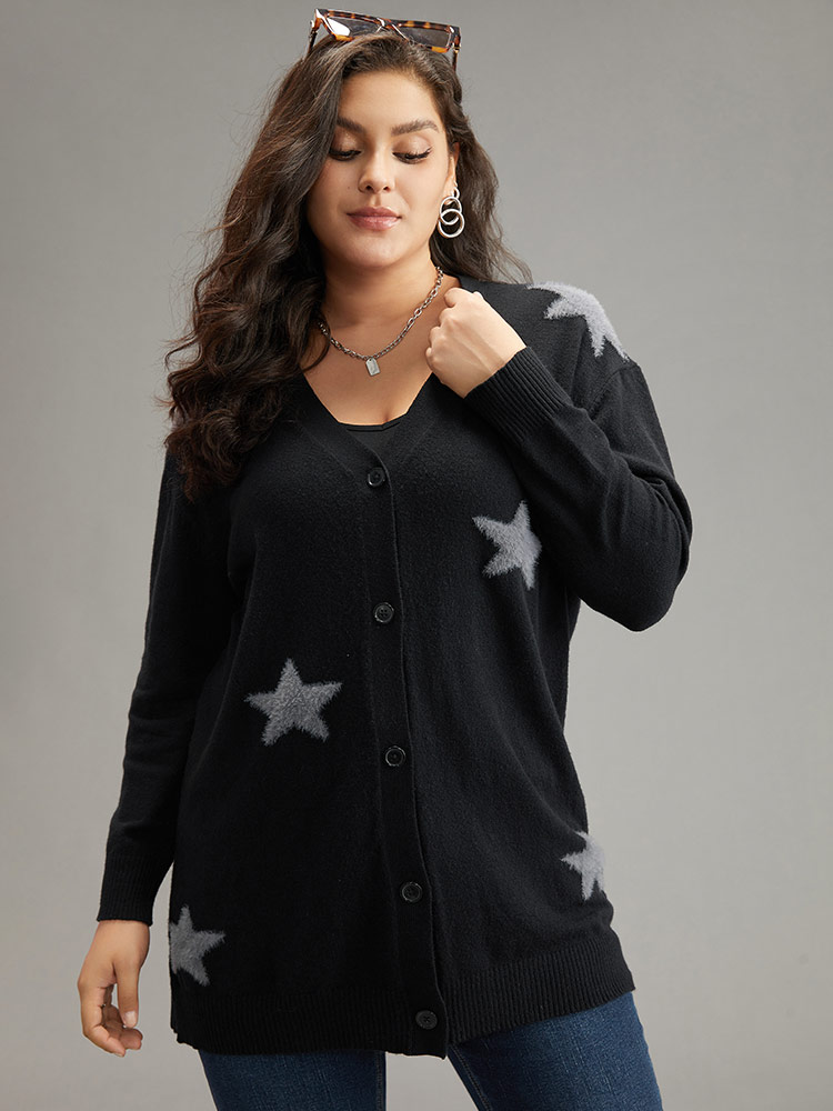 Plus Size Supersoft Essentials Star Button Through Cardigan Black Women Casual Loose Long Sleeve Dailywear Cardigans BloomChic 14-16/1X 