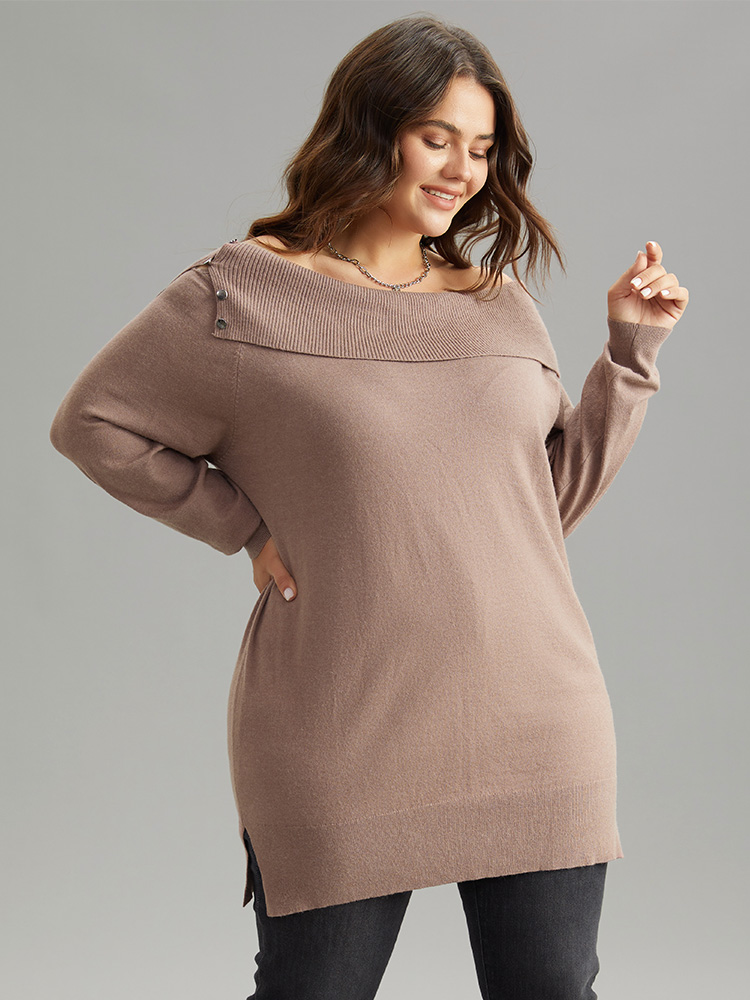 

Plus Size Supersoft Essentials Anti-Pilling Off Shoulder Pullover Tan Women Casual Bodycon Long Sleeve One-shoulder neck Dailywear Pullovers BloomChic