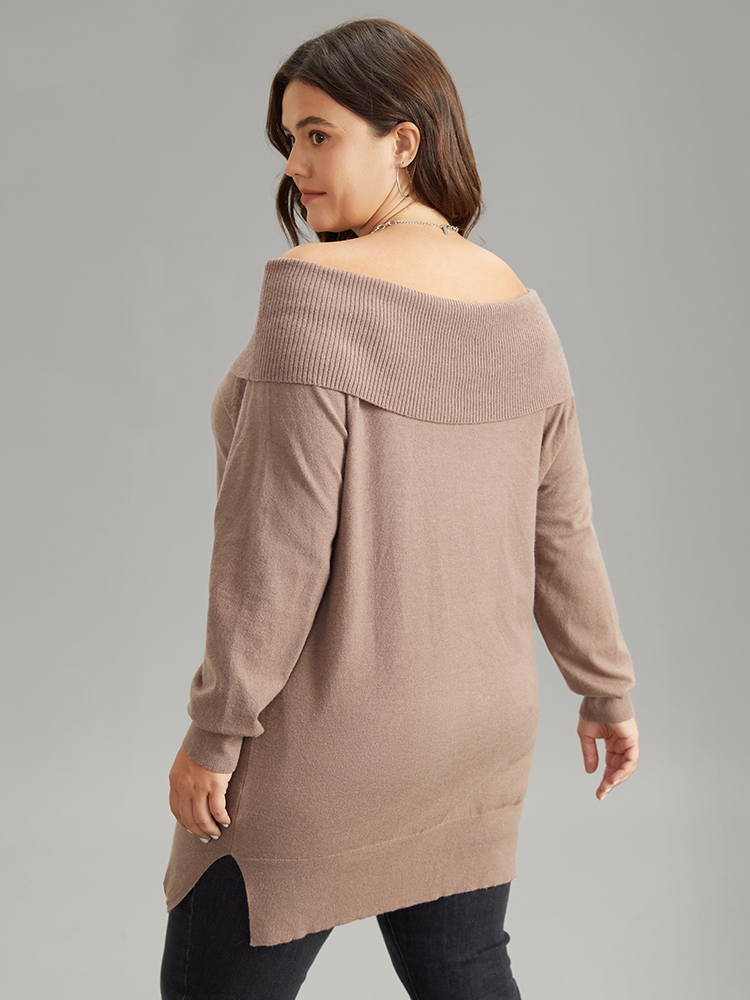 

Plus Size Supersoft Essentials Anti-Pilling Off Shoulder Pullover Tan Women Casual Bodycon Long Sleeve One-shoulder neck Dailywear Pullovers BloomChic