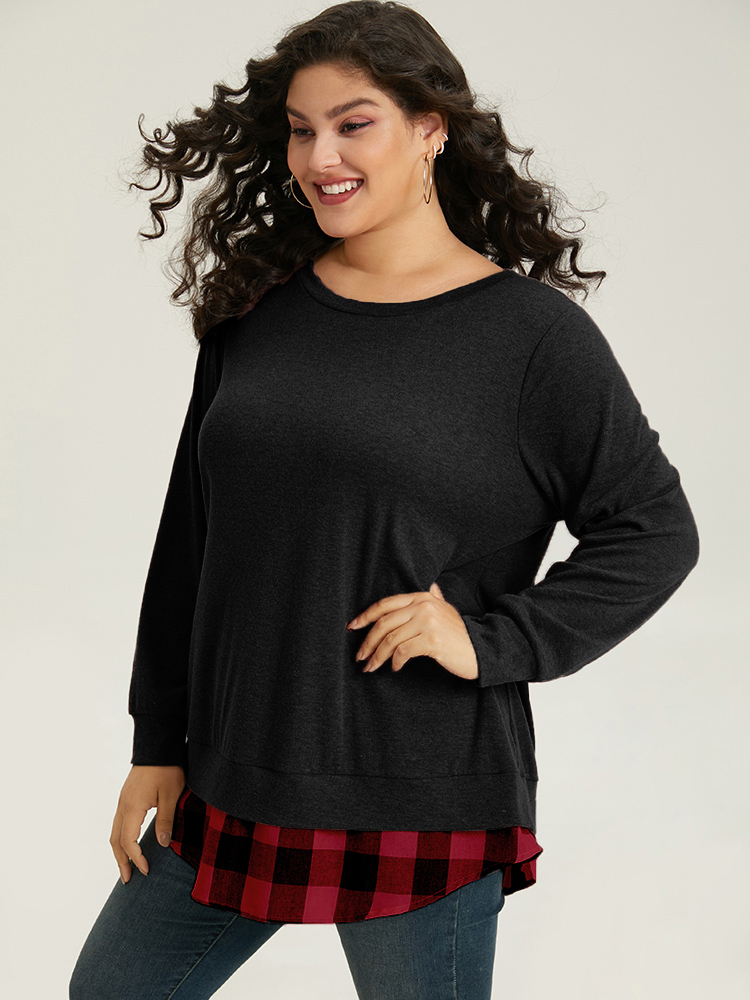Plus Size Heather Plaid Patchwork Crew Neck T-shirt Black Women Casual Heather Plaid Round Neck Everyday T-shirts BloomChic 28/5X 