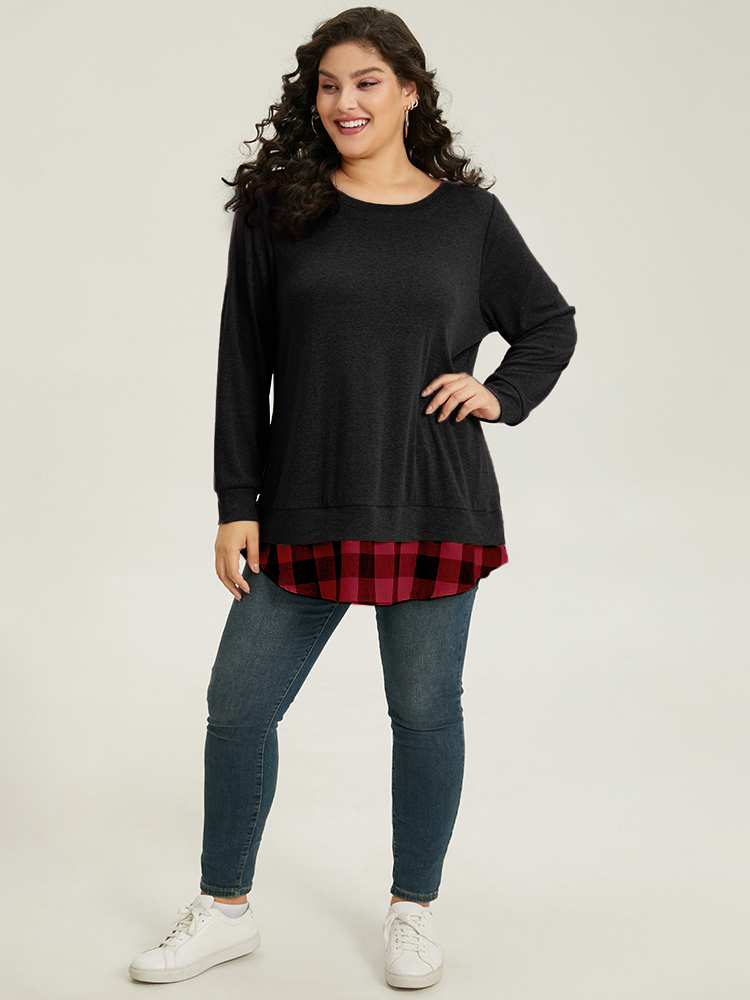 Plus Size Heather Plaid Patchwork Crew Neck T-shirt Black Women Casual Heather Plaid Round Neck Everyday T-shirts BloomChic 28/5X 