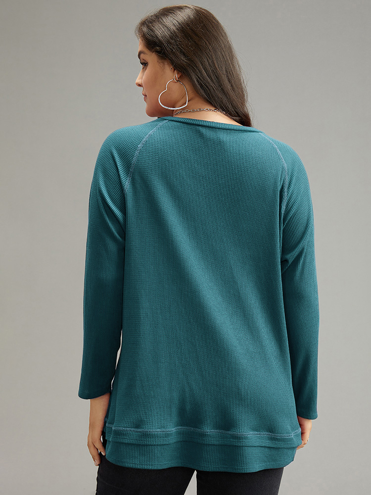 

Plus Size Plain Textured Stitch Raglan Sleeve Sweatshirt Women Cyan Casual Plain V-neck Everyday Sweatshirts BloomChic