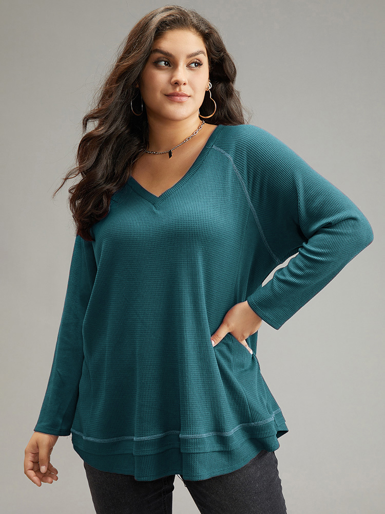 

Plus Size Plain Textured Stitch Raglan Sleeve Sweatshirt Women Cyan Casual Plain V-neck Everyday Sweatshirts BloomChic