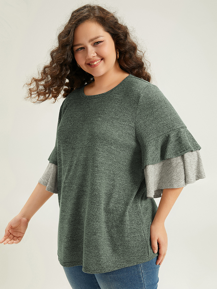 

Plus Size Contrast Layered Flutter Sleeve T-shirt DarkGreen Round Neck Half Sleeve Casual Jersey Tops