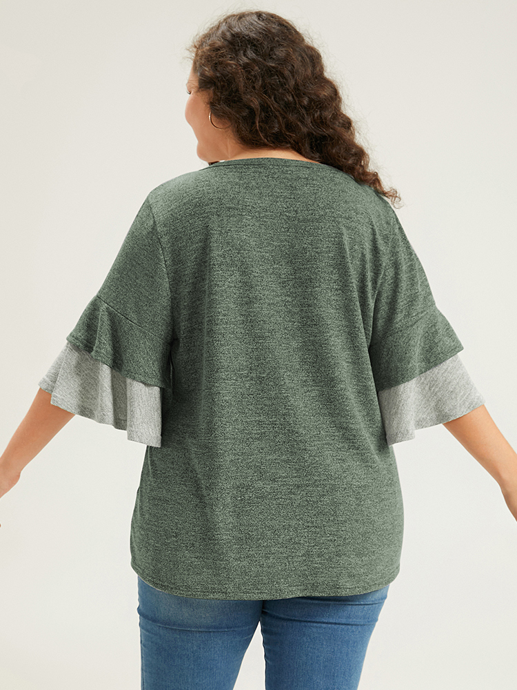 

Plus Size Contrast Layered Flutter Sleeve T-shirt DarkGreen Round Neck Half Sleeve Casual Jersey Tops