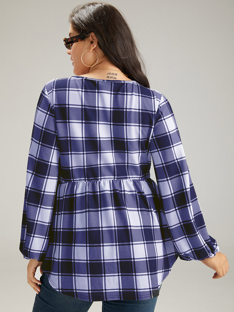 

Plaid Curved Hem Lantern Sleeve T-shirt, Blue