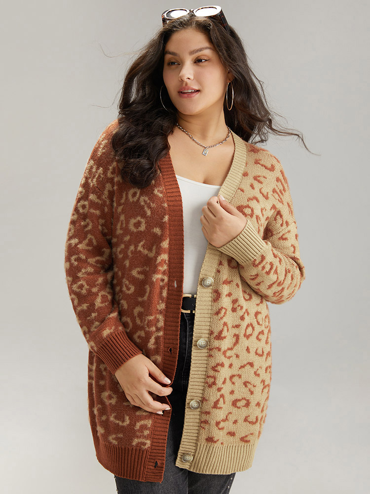 Plus Size Cardigans | Leopard Print Contrast Button Through Cardigan | BloomChic 