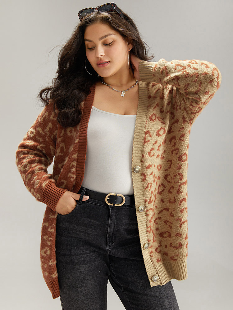 Plus Size Cardigans | Leopard Print Contrast Button Through Cardigan | BloomChic 