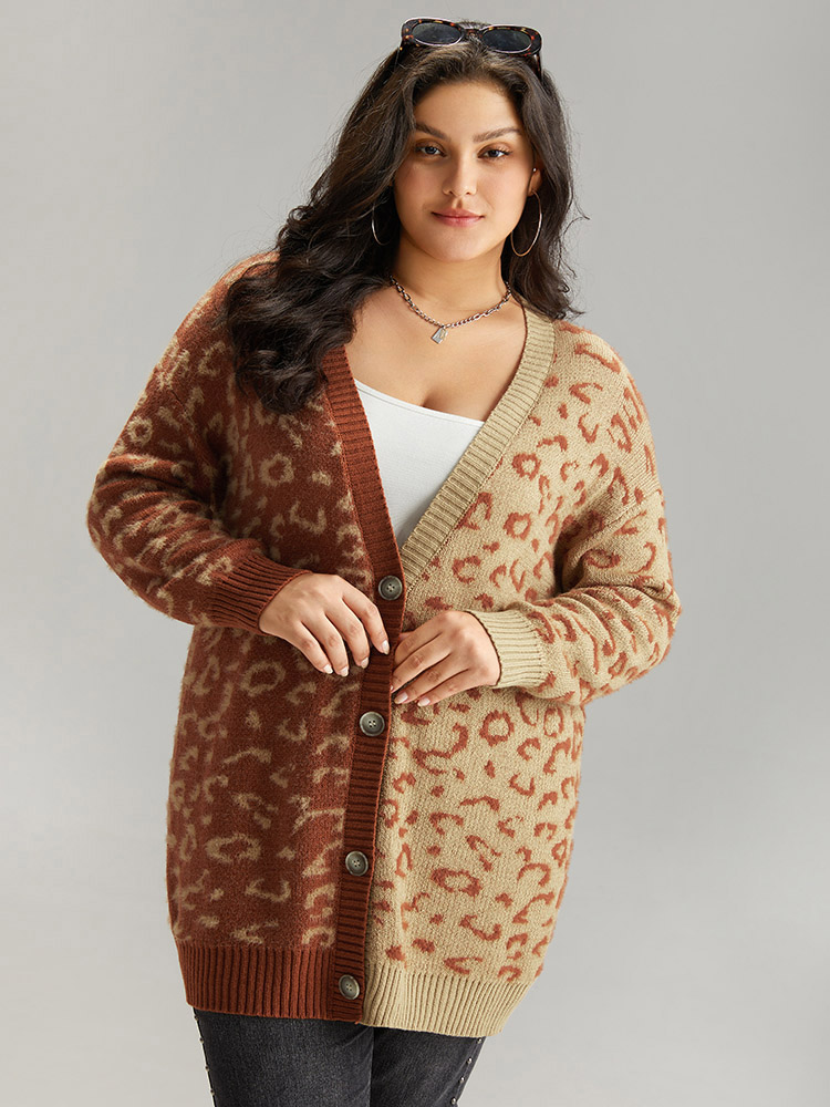 Plus Size Cardigans | Leopard Print Contrast Button Through Cardigan | BloomChic 