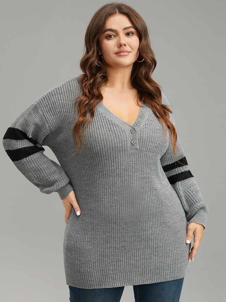 

Plus Size Anti-Pilling Striped Button Detail Pullover DarkGray Women Casual Long Sleeve V-neck Dailywear Pullovers BloomChic