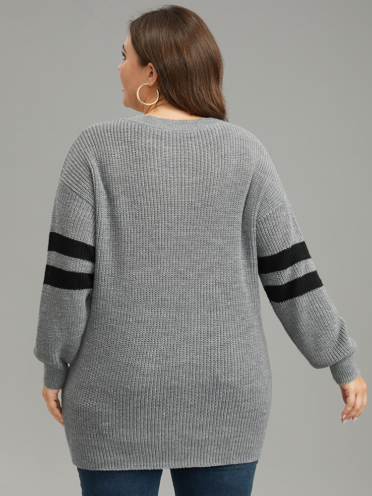 

Plus Size Anti-Pilling Striped Button Detail Pullover DarkGray Women Casual Long Sleeve V-neck Dailywear Pullovers BloomChic