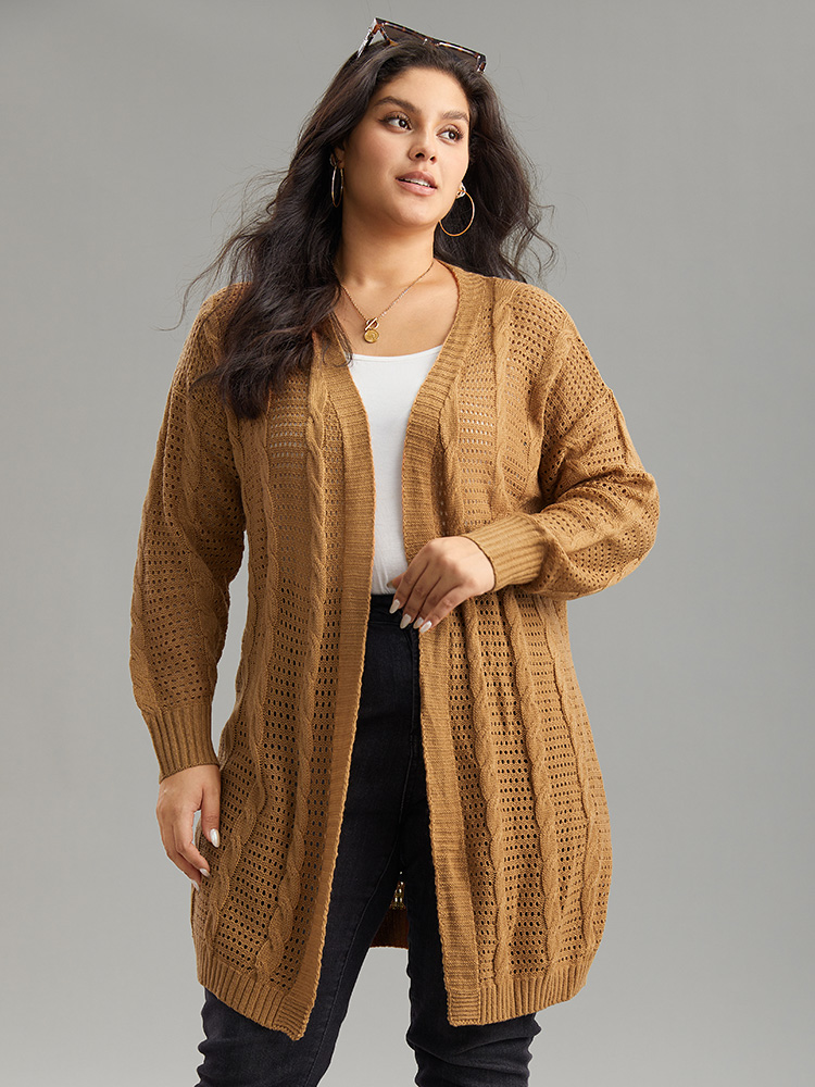 

Plus Size Plain Cable Knit Elastic Cuffs Cardigan Bronze Women Casual Loose Long Sleeve Dailywear Cardigans BloomChic