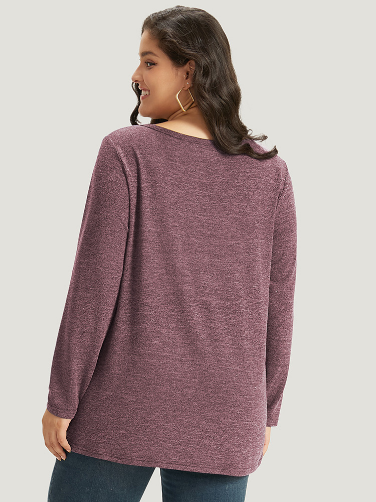 Plus Size Heather Button Up Long Sleeve T-shirt Russet Women Casual Heather Plain V-neck Everyday T-shirts BloomChic 14-16/1X 