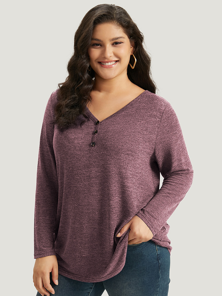 Plus Size Heather Button Up Long Sleeve T-shirt Russet Women Casual Heather Plain V-neck Everyday T-shirts BloomChic 14-16/1X 