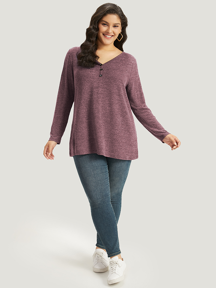 Plus Size Heather Button Up Long Sleeve T-shirt Russet Women Casual Heather Plain V-neck Everyday T-shirts BloomChic 14-16/1X 