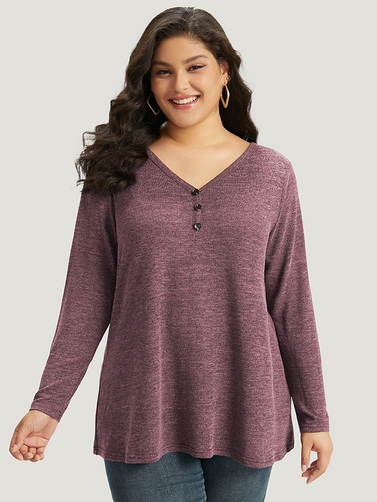 

Plus Size Heather Button Up Long Sleeve T-shirt Russet Women Casual Heather Plain V-neck Everyday T-shirts BloomChic
