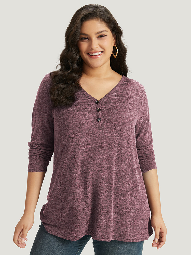 Plus Size Heather Button Up Long Sleeve T-shirt Russet Women Casual Heather Plain V-neck Everyday T-shirts BloomChic 14-16/1X 