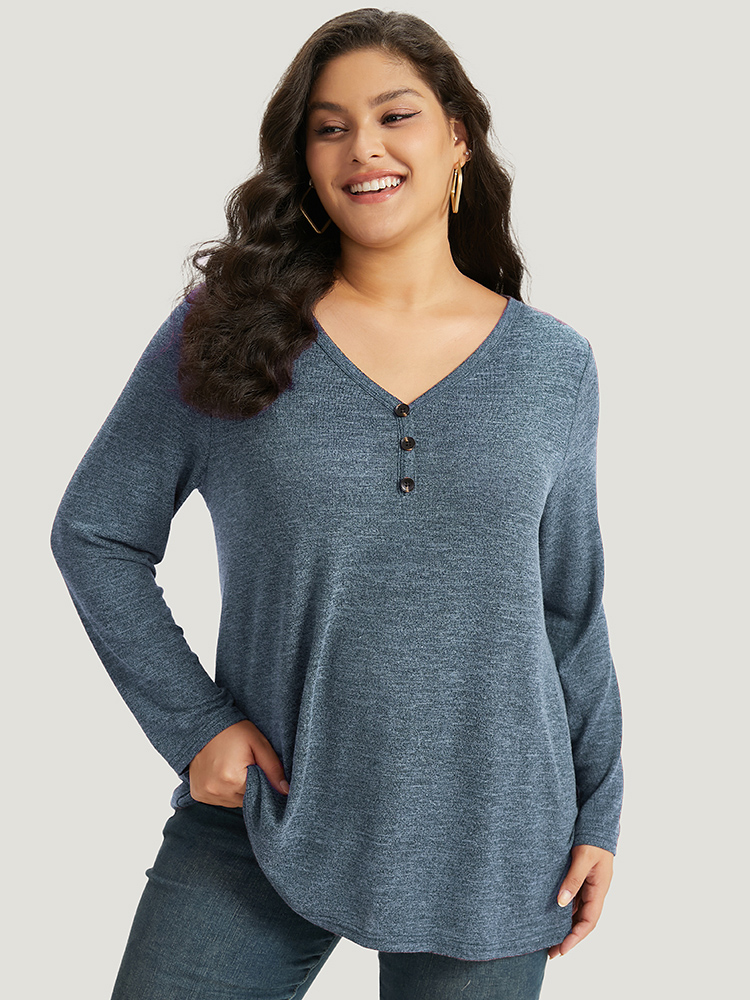 

Plus Size Heather Button Up Long Sleeve T-shirt Cerulean Women Casual Heather Plain V-neck Everyday T-shirts BloomChic