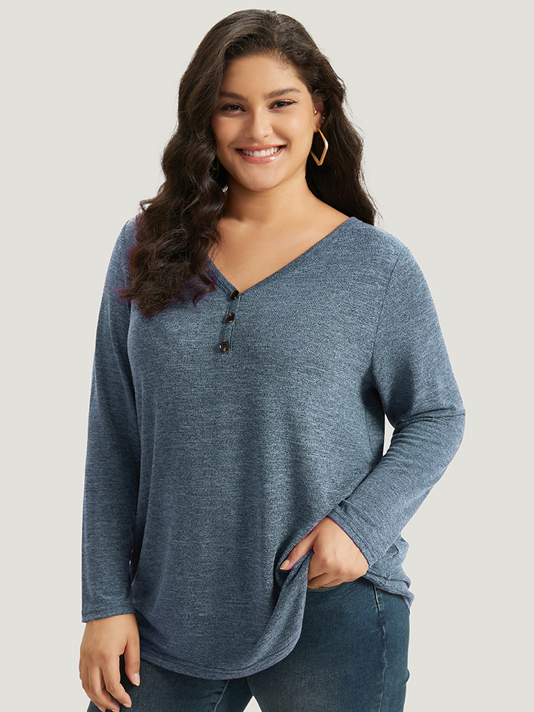 

Plus Size Heather Button Up Long Sleeve T-shirt Cerulean Women Casual Heather Plain V-neck Everyday T-shirts BloomChic