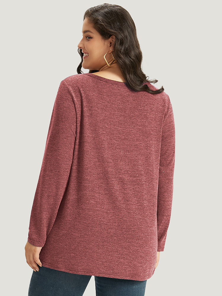 Plus Size Heather Button Up Long Sleeve T-shirt Red Women Casual Heather Plain V-neck Everyday T-shirts BloomChic 28/5X 