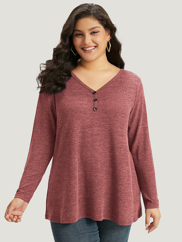 Plus Size Heather Button Up Long Sleeve T-shirt Red Women Casual Heather Plain V-neck Everyday T-shirts BloomChic 28/5X 