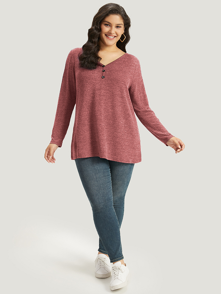 Plus Size Heather Button Up Long Sleeve T-shirt Red Women Casual Heather Plain V-neck Everyday T-shirts BloomChic 28/5X 