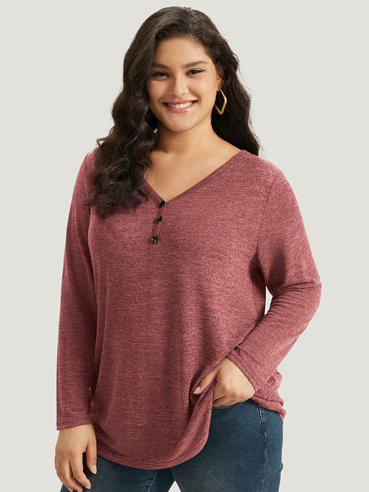 Plus Size Heather Button Up Long Sleeve T-shirt Red Women Casual Heather Plain V-neck Everyday T-shirts BloomChic 28/5X 