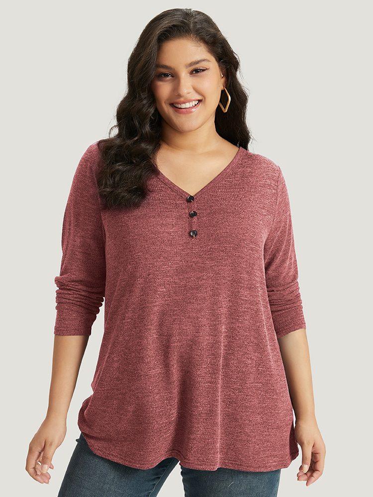 Plus Size Heather Button Up Long Sleeve T-shirt Red Women Casual Heather Plain V-neck Everyday T-shirts BloomChic 28/5X 