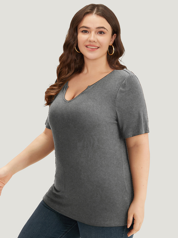 

Plus Size Rib Knit Plain Notched T-shirt Gray Women Casual Plain Plain Notched collar Dailywear T-shirts BloomChic