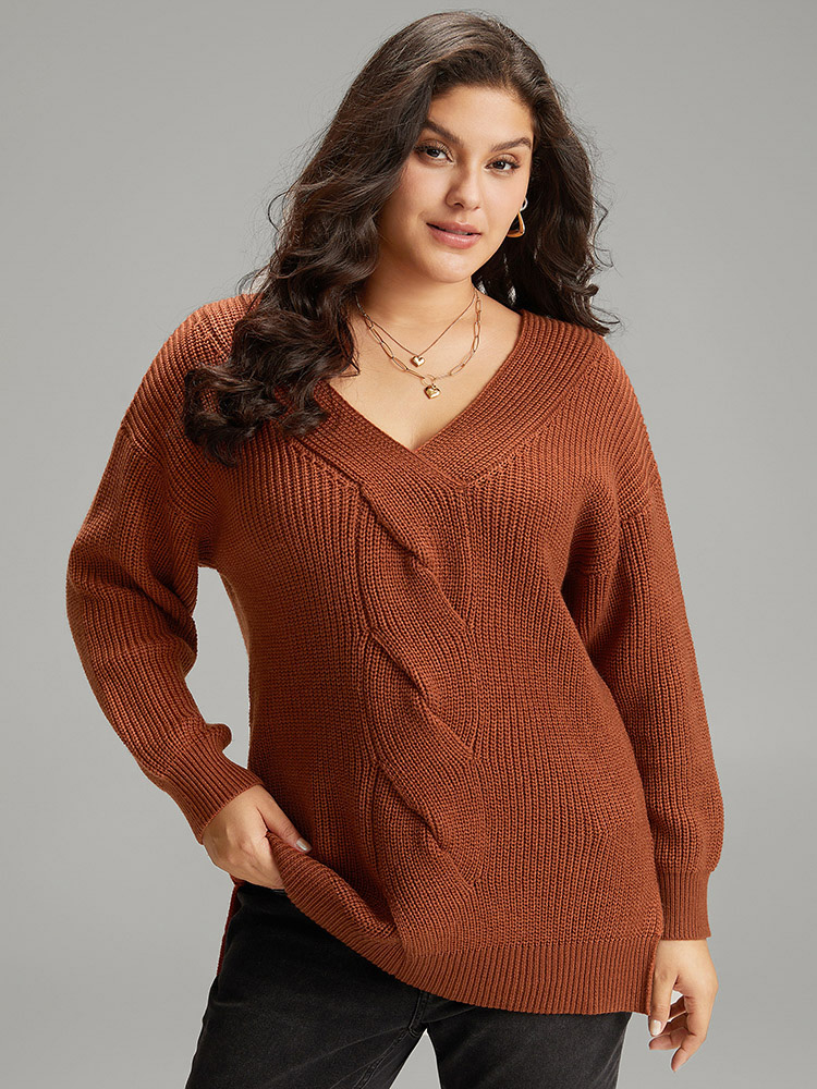 

Plus Size Cable Knit Split Side Elastic Cuffs Pullover Rust Women Casual Loose Long Sleeve V-neck Dailywear Pullovers BloomChic