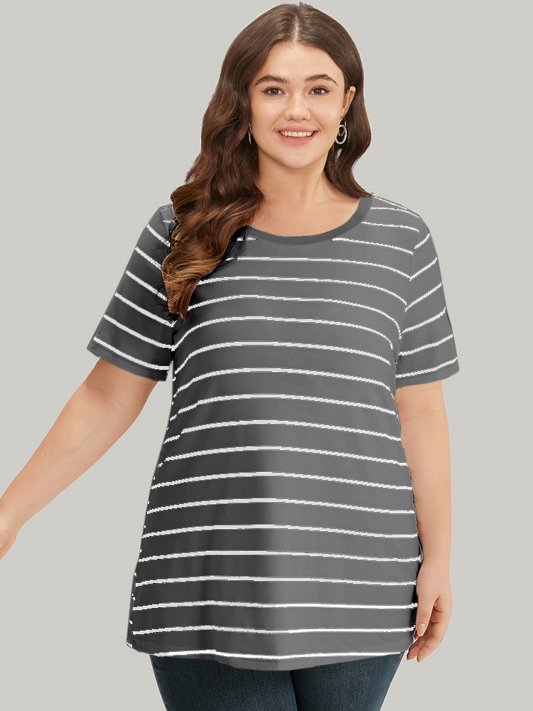 

Plus Size Striped Print Round Neck T-shirt Gray Women Casual Contrast Striped Round Neck Dailywear T-shirts BloomChic