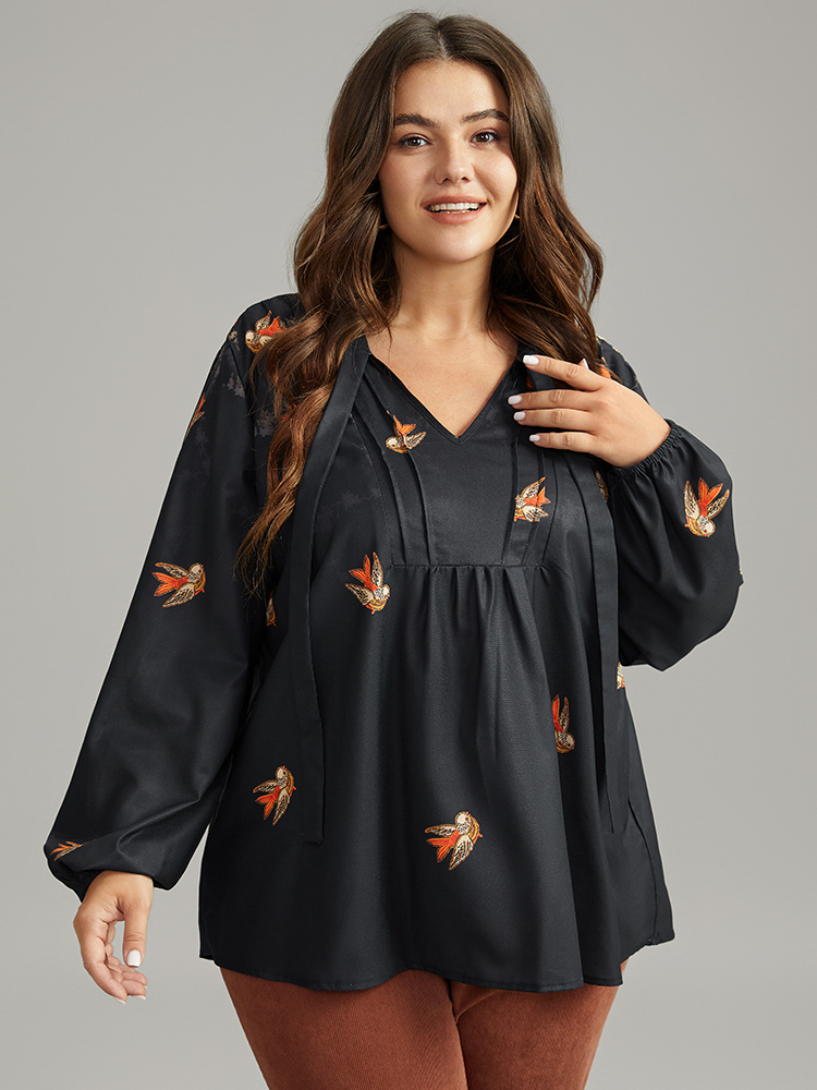 

Plus Size Black Boho Print Ties Lantern Sleeve Blouse Women Elegant Long Sleeve Tie Neck Dailywear Blouses BloomChic