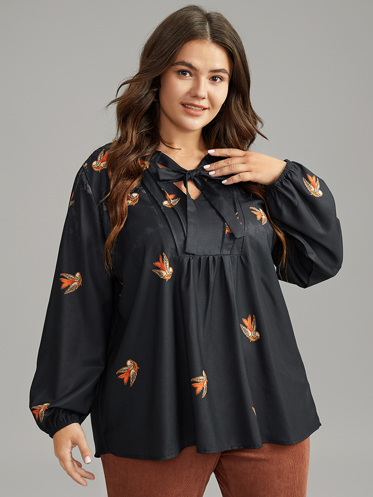 

Plus Size Black Boho Print Ties Lantern Sleeve Blouse Women Elegant Long Sleeve Tie Neck Dailywear Blouses BloomChic