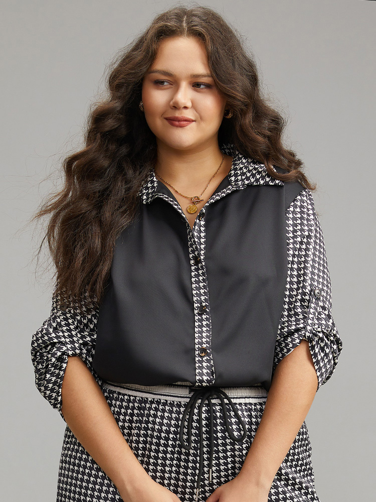 

Plus Size Black Twill Houndstooth Tab Sleeve Patchwork Blouse Women Office Long Sleeve Shirt collar Work Blouses BloomChic