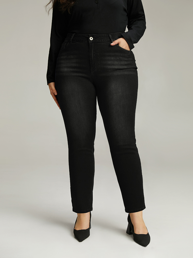 

Plus Size Plain Straight Leg Pocket High Rise Jeans Women Black Casual Plain Plain High stretch Pocket Jeans BloomChic